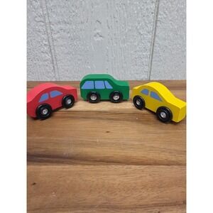 Melissa & Doug Wooden Cars Lot Of 3 Yellow Blue & Red .75 x 3 Inch 1.5 inch Tall